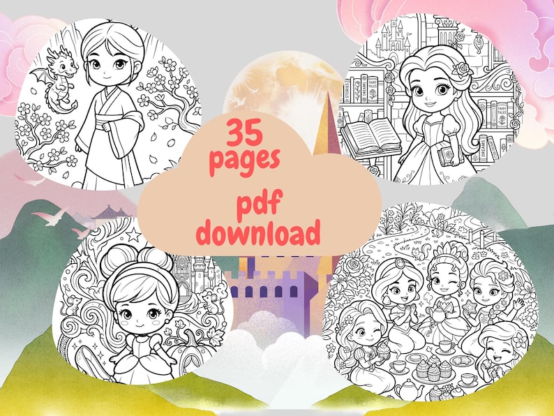 May include: A digital download featuring 35 pages of princess-themed coloring pages. The illustrations are in black and white and include various princesses, castles, and other related elements. The text "35 pages pdf download" is also included.