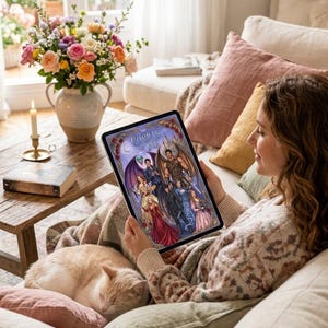 Pode incluir: Uma pessoa est&aacute; relaxando em um sof&aacute;, segurando um tablet que exibe a capa de um livro com o t&iacute;tulo "Courts Ink". A capa apresenta v&aacute;rias figuras em trajes de fantasia. Um gato dormindo descansa em um travesseiro pr&oacute;ximo. Um vaso de flores e uma vela est&atilde;o em uma mesa de madeira.