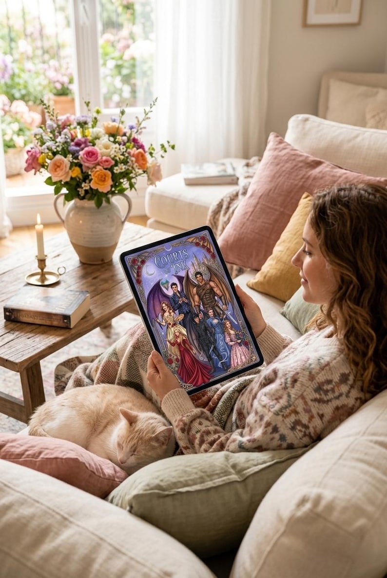Pode incluir: Uma pessoa est&aacute; relaxando em um sof&aacute;, segurando um tablet que exibe a capa de um livro com o t&iacute;tulo "Courts Ink". A capa apresenta v&aacute;rias figuras em trajes de fantasia. Um gato dormindo descansa em um travesseiro pr&oacute;ximo. Um vaso de flores e uma vela est&atilde;o em uma mesa de madeira.