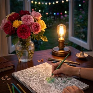Pode incluir: Uma natureza morta apresenta um buqu&ecirc; de rosas vermelhas, rosas e amarelas em um vaso de vidro. Uma pessoa est&aacute; colorindo em um livro de colorir detalhado com l&aacute;pis de cor. Uma l&acirc;mpada de bulbo Edison acesa e um queimador de incenso est&atilde;o sobre a mesa de madeira.