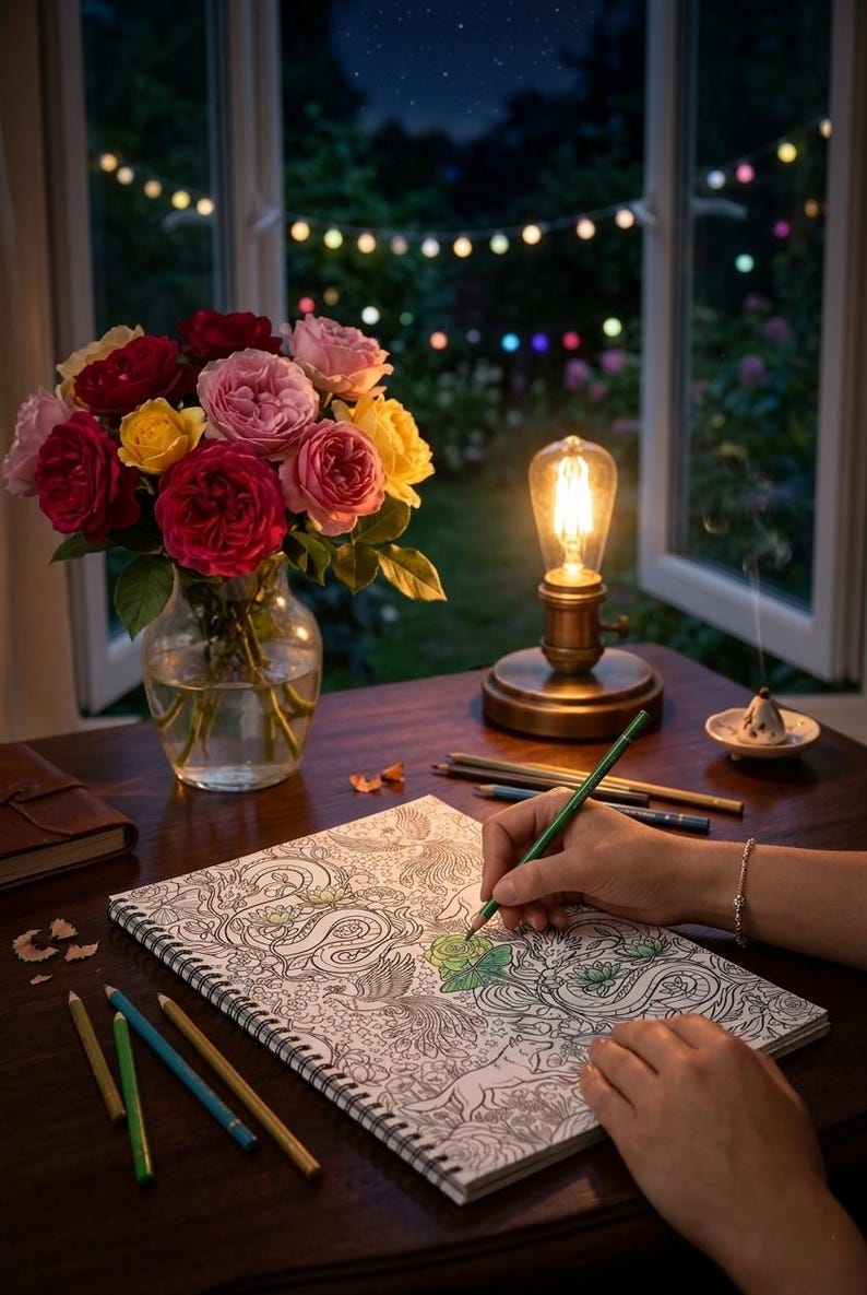 Pode incluir: Uma natureza morta apresenta um buqu&ecirc; de rosas vermelhas, rosas e amarelas em um vaso de vidro. Uma pessoa est&aacute; colorindo em um livro de colorir detalhado com l&aacute;pis de cor. Uma l&acirc;mpada de bulbo Edison acesa e um queimador de incenso est&atilde;o sobre a mesa de madeira.
