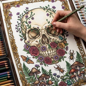 May include: A detailed coloring page featuring a skull adorned with flowers, butterflies, and mushrooms. The artwork is surrounded by a decorative border and is being colored with colored pencils. The color palette includes shades of brown, purple, red, and green.