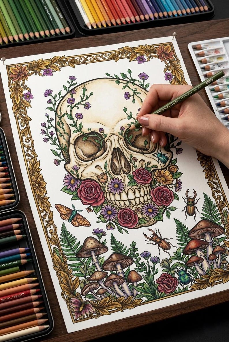 May include: A detailed coloring page featuring a skull adorned with flowers, butterflies, and mushrooms. The artwork is surrounded by a decorative border and is being colored with colored pencils. The color palette includes shades of brown, purple, red, and green.