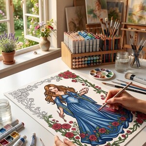 Pode incluir: Uma pessoa est&aacute; colorindo uma ilustra&ccedil;&atilde;o detalhada de uma mulher em um vestido azul, cercada por rosas. Os materiais de arte incluem l&aacute;pis de cor, marcadores, tubos de tinta e pinc&eacute;is. A cena &eacute; ambientada em um est&uacute;dio de arte claro.
