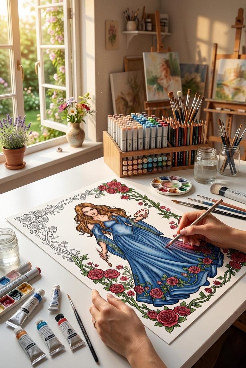 Pode incluir: Uma pessoa est&aacute; colorindo uma ilustra&ccedil;&atilde;o detalhada de uma mulher em um vestido azul, cercada por rosas. Os materiais de arte incluem l&aacute;pis de cor, marcadores, tubos de tinta e pinc&eacute;is. A cena &eacute; ambientada em um est&uacute;dio de arte claro.