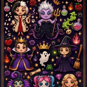 May include: Digital illustration of chibi Disney villains, including Cruella de Vil, Ursula, and the Evil Queen. The image features themed accessories and the text "CHIBI VILLAIN" at the top, set against a dark background.