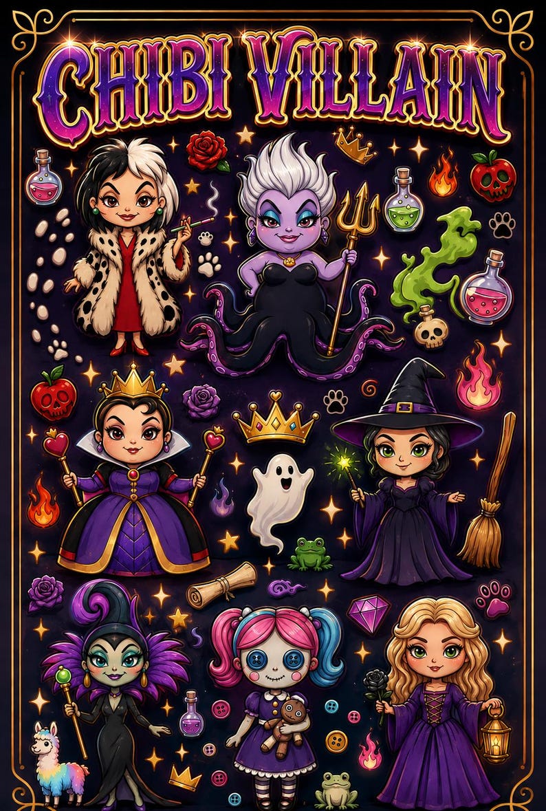 May include: Digital illustration of chibi Disney villains, including Cruella de Vil, Ursula, and the Evil Queen. The image features themed accessories and the text "CHIBI VILLAIN" at the top, set against a dark background.