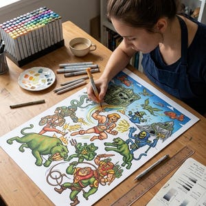 May include: A person is coloring a detailed illustration of He-Man and other characters on a large sheet of paper. The artwork features vibrant colors and dynamic action poses. Markers, pencils, and a palette are on the wooden table.