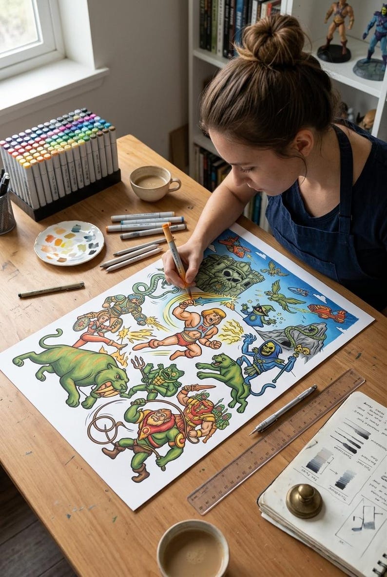 May include: A person is coloring a detailed illustration of He-Man and other characters on a large sheet of paper. The artwork features vibrant colors and dynamic action poses. Markers, pencils, and a palette are on the wooden table.