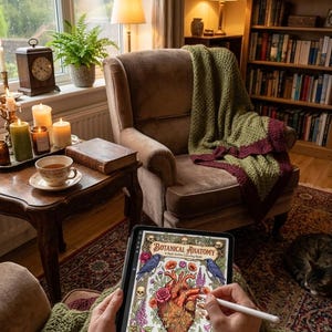May include: A person using a digital tablet with the title "Botanical Anatomy" and a drawing of a heart, flowers, and skulls. The scene includes a cozy armchair, a green and burgundy blanket, and a bookshelf filled with books. A cat is curled up on the floor.