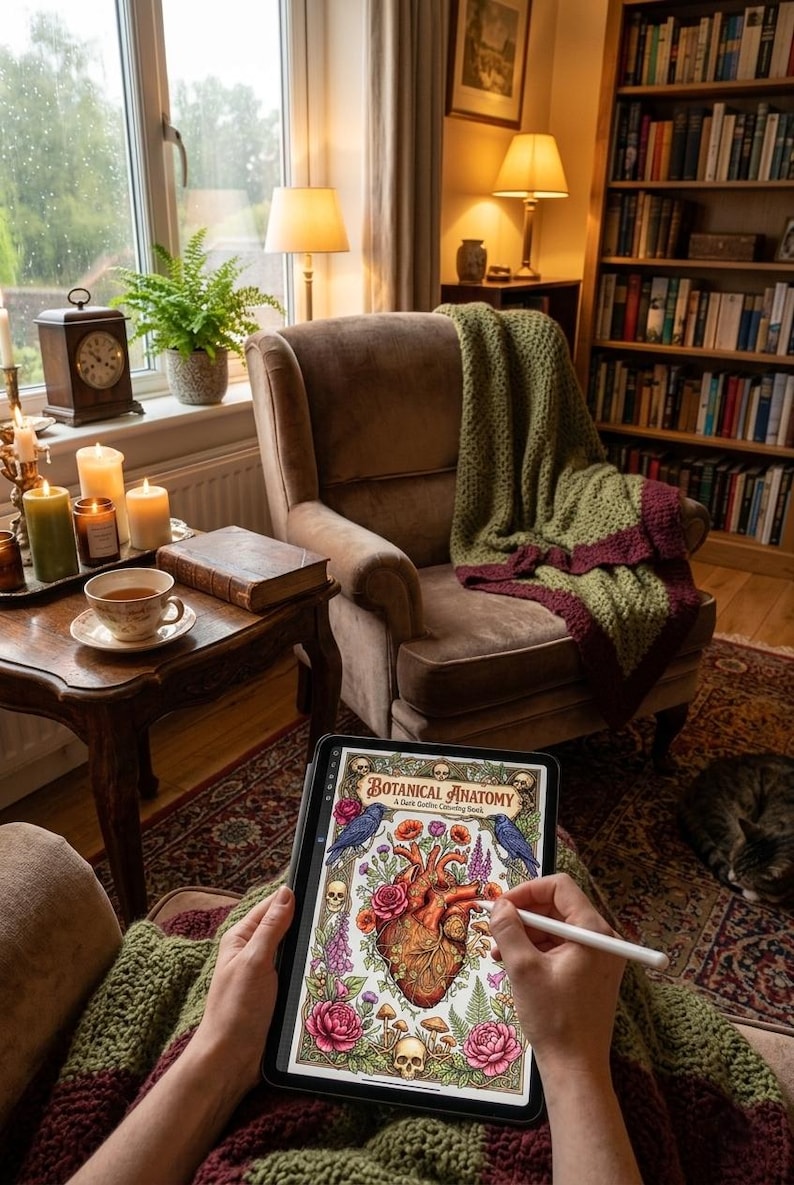 May include: A person using a digital tablet with the title "Botanical Anatomy" and a drawing of a heart, flowers, and skulls. The scene includes a cozy armchair, a green and burgundy blanket, and a bookshelf filled with books. A cat is curled up on the floor.
