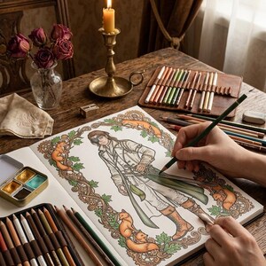 Pode incluir: Uma pessoa est&aacute; colorindo uma ilustra&ccedil;&atilde;o detalhada de uma figura em um casaco comprido, cercada por raposas e folhagens. A cena inclui l&aacute;pis de cor, uma paleta de aquarela e uma vela acesa em um casti&ccedil;al de lat&atilde;o, tudo em uma mesa de madeira.