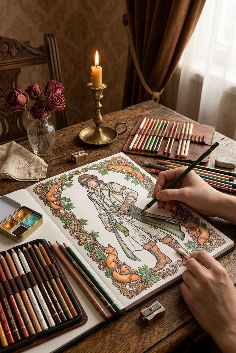 Pode incluir: Uma pessoa est&aacute; colorindo uma ilustra&ccedil;&atilde;o detalhada de uma figura em um casaco comprido, cercada por raposas e folhagens. A cena inclui l&aacute;pis de cor, uma paleta de aquarela e uma vela acesa em um casti&ccedil;al de lat&atilde;o, tudo em uma mesa de madeira.