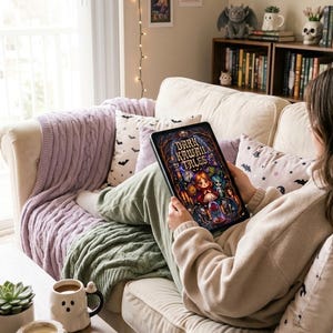 May include: A digital tablet displaying a colorful illustration titled Dark Kawaii Tales, featuring a central character with red hair, surrounded by gothic elements, skulls, and dark forest imagery, held by a person sitting on a beige sofa.