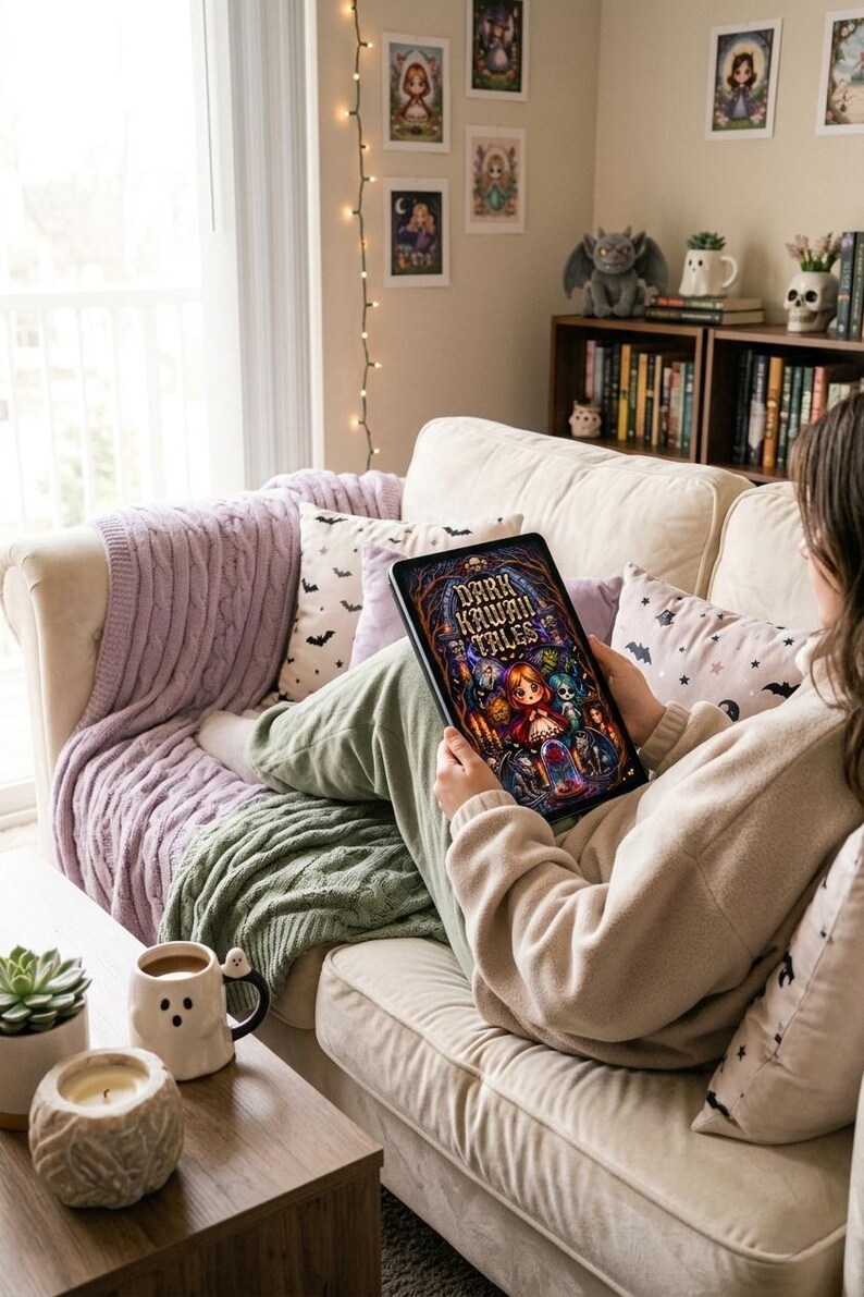 May include: A digital tablet displaying a colorful illustration titled Dark Kawaii Tales, featuring a central character with red hair, surrounded by gothic elements, skulls, and dark forest imagery, held by a person sitting on a beige sofa.