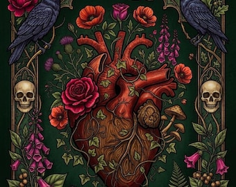 May include: A dark green coloring book titled "Botanical Anatomy" with a gothic theme. The cover features a detailed illustration of a human heart intertwined with botanical elements, including roses, mushrooms, and ravens. Skulls and floral borders frame the design.