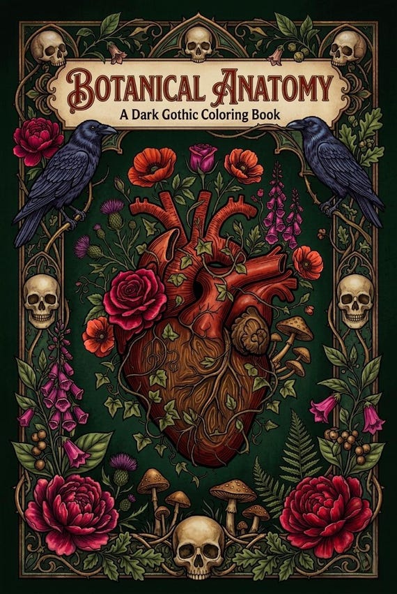 Gothic Coloring Book Printable | Dark Botanical Skull Floral | 30 Pages Gothcore Line Art