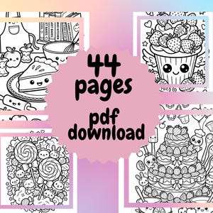 May include: Black and white line art coloring pages featuring cute baking-themed illustrations. The image includes a pie, cupcake, cake, and lollipops. Text in the center reads "44 pages pdf download".