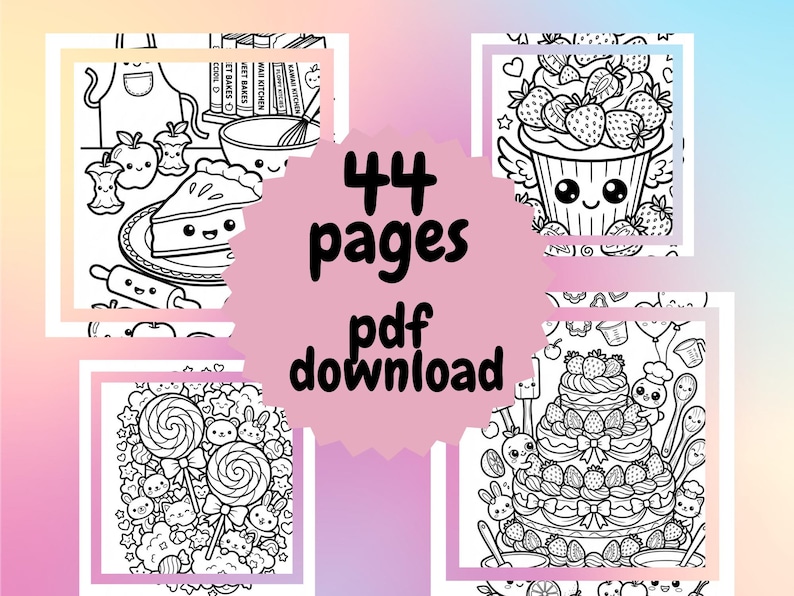 May include: Black and white line art coloring pages featuring cute baking-themed illustrations. The image includes a pie, cupcake, cake, and lollipops. Text in the center reads "44 pages pdf download".