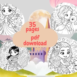 May include: Digital download of a coloring book with 35 pages. The illustrations feature cartoon princesses in circular frames. The text "35 pages pdf download" is in the center. The background has a castle and a full moon.