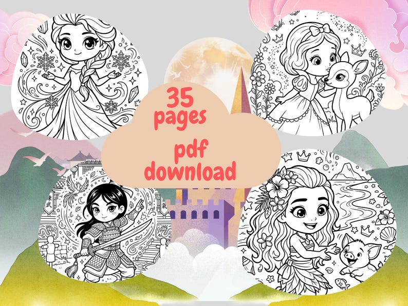 May include: Digital download of a coloring book with 35 pages. The illustrations feature cartoon princesses in circular frames. The text "35 pages pdf download" is in the center. The background has a castle and a full moon.