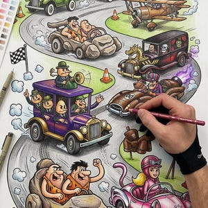 May include: A colorful cartoon illustration of a car race with various vehicles, including a stone car, a vintage car, and a pink cat-themed car. The image is being colored with colored pencils, with the word "FINISH" at the end of the race.