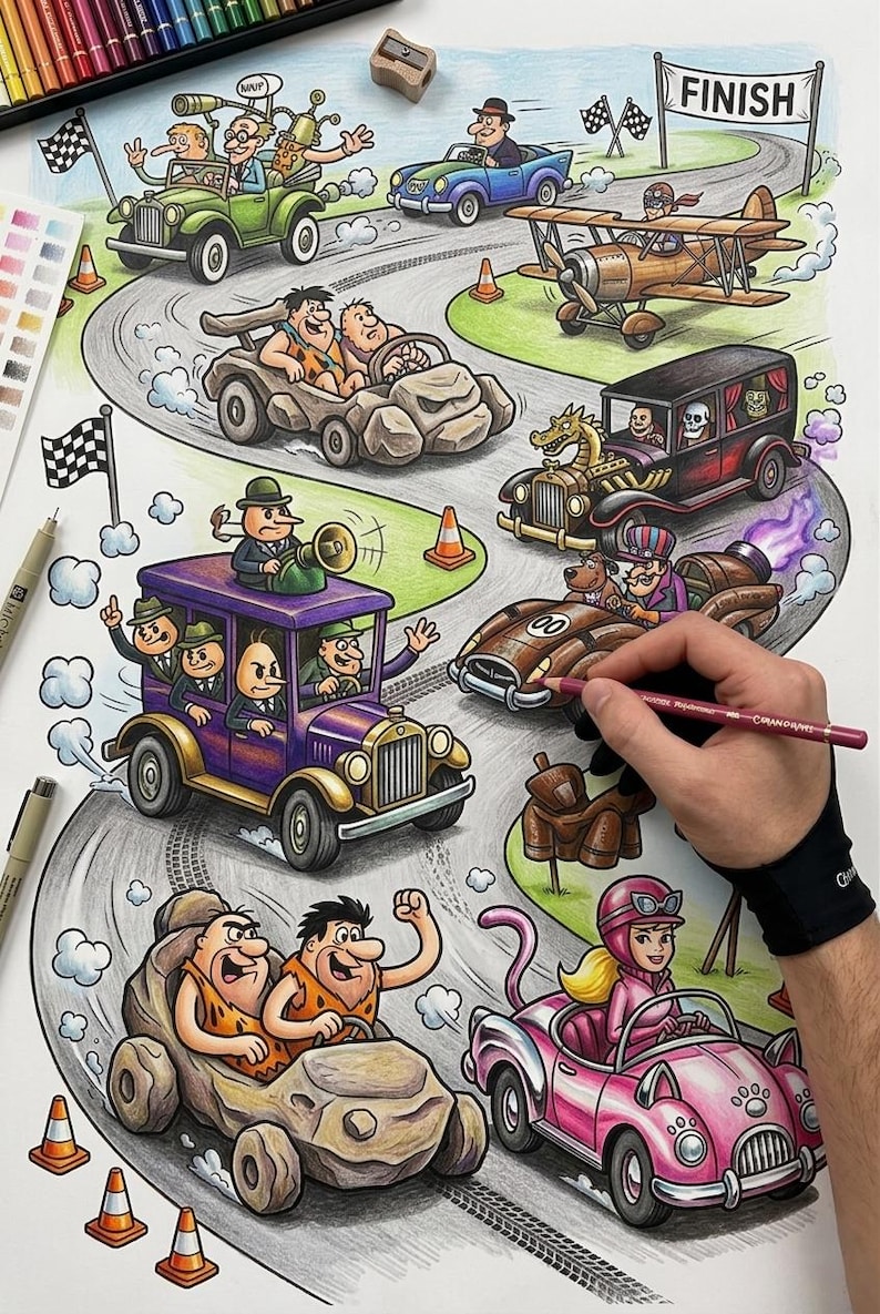 May include: A colorful cartoon illustration of a car race with various vehicles, including a stone car, a vintage car, and a pink cat-themed car. The image is being colored with colored pencils, with the word "FINISH" at the end of the race.
