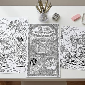 May include: Three black and white coloring pages with fantasy scenes are displayed on a white table. A set of colored pencils, a pencil sharpener, an eraser, and a small dish with pencil shavings are also on the table. The coloring pages feature various characters and settings.