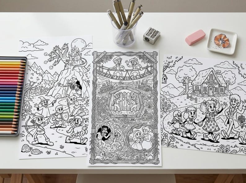 May include: Three black and white coloring pages with fantasy scenes are displayed on a white table. A set of colored pencils, a pencil sharpener, an eraser, and a small dish with pencil shavings are also on the table. The coloring pages feature various characters and settings.