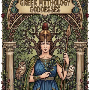 May include: A colouring book cover depicting a woman in a gold helmet and blue dress, holding a spear and olive branch. The text reads "Greek Mythology Goddesses" and "A Greek Mythology Coloring Book". The background includes owls, olive trees, and floral elements.