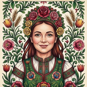 May include: A coloring book cover titled "Hungarian Folk Art Coloring Book for Adults." The image features a woman wearing a floral crown and traditional embroidered clothing. The background is adorned with floral and wheat stalk designs. The book also features traditional Matyó & Kalocsa embroidery patterns.