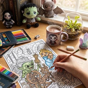 May include: A coloring page featuring a green goblin spinning a wheel with skulls, a blonde character holding a baby, and a background of stone ruins. The scene includes colored pencils, a mug with a vampire illustration, and plush toys.