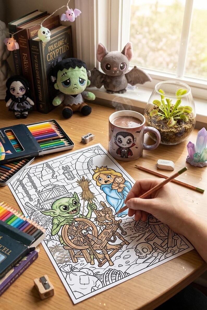 May include: A coloring page featuring a green goblin spinning a wheel with skulls, a blonde character holding a baby, and a background of stone ruins. The scene includes colored pencils, a mug with a vampire illustration, and plush toys.