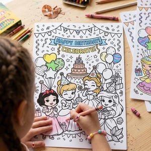 May include: A child coloring a birthday-themed coloring book with princesses, balloons, and a cake. The coloring book has the text "HAPPY BIRTHDAY! CELEBRATE!". Crayons and colored pencils are on the wooden table.