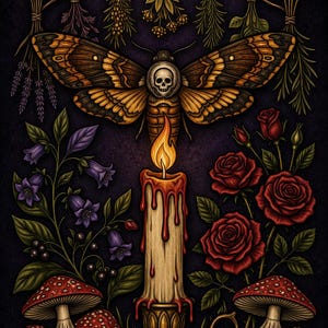 May include: A dark illustration featuring a moth with a skull on its head, a lit candle, roses, and mushrooms. The text "Drawn to the Flame" is at the top, and "A Dark Moth Coloring Book" is at the bottom. The color palette is dark with warm tones.