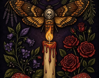 May include: A dark illustration featuring a moth with a skull on its head, a lit candle, roses, and mushrooms. The text "Drawn to the Flame" is at the top, and "A Dark Moth Coloring Book" is at the bottom. The color palette is dark with warm tones.