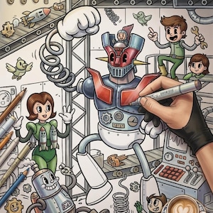 May include: Whimsical illustration of a robot being drawn, surrounded by cartoon characters and factory elements. The robot has a red and blue head, with a white body. A hand with a black glove is drawing the robot with a marker. A cup of coffee with a heart design is in the foreground.