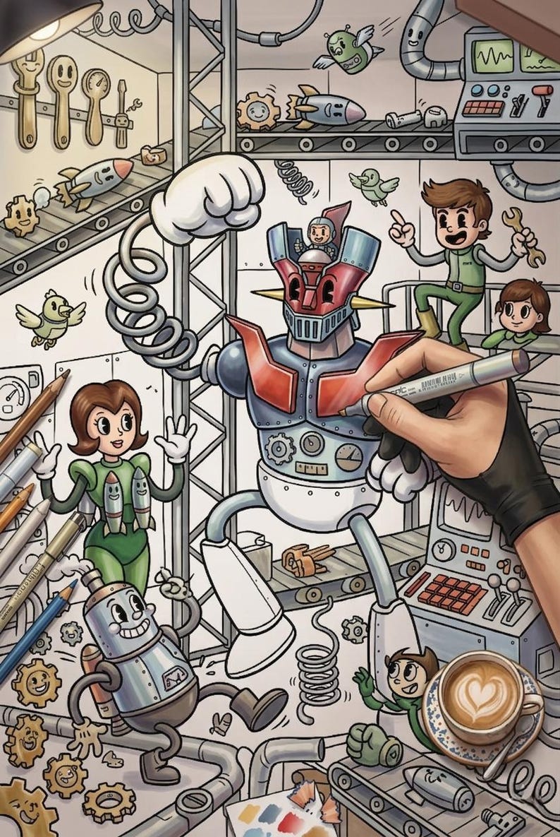 May include: Whimsical illustration of a robot being drawn, surrounded by cartoon characters and factory elements. The robot has a red and blue head, with a white body. A hand with a black glove is drawing the robot with a marker. A cup of coffee with a heart design is in the foreground.