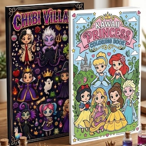 May include: A bundle of two coloring books with the titles "Chibi Villa" and "Kawaii Princess Coloring Book". The "Chibi Villa" book features cartoon villains, while the "Kawaii Princess" book showcases cartoon princesses. Colored pencils and small bottles are also visible.