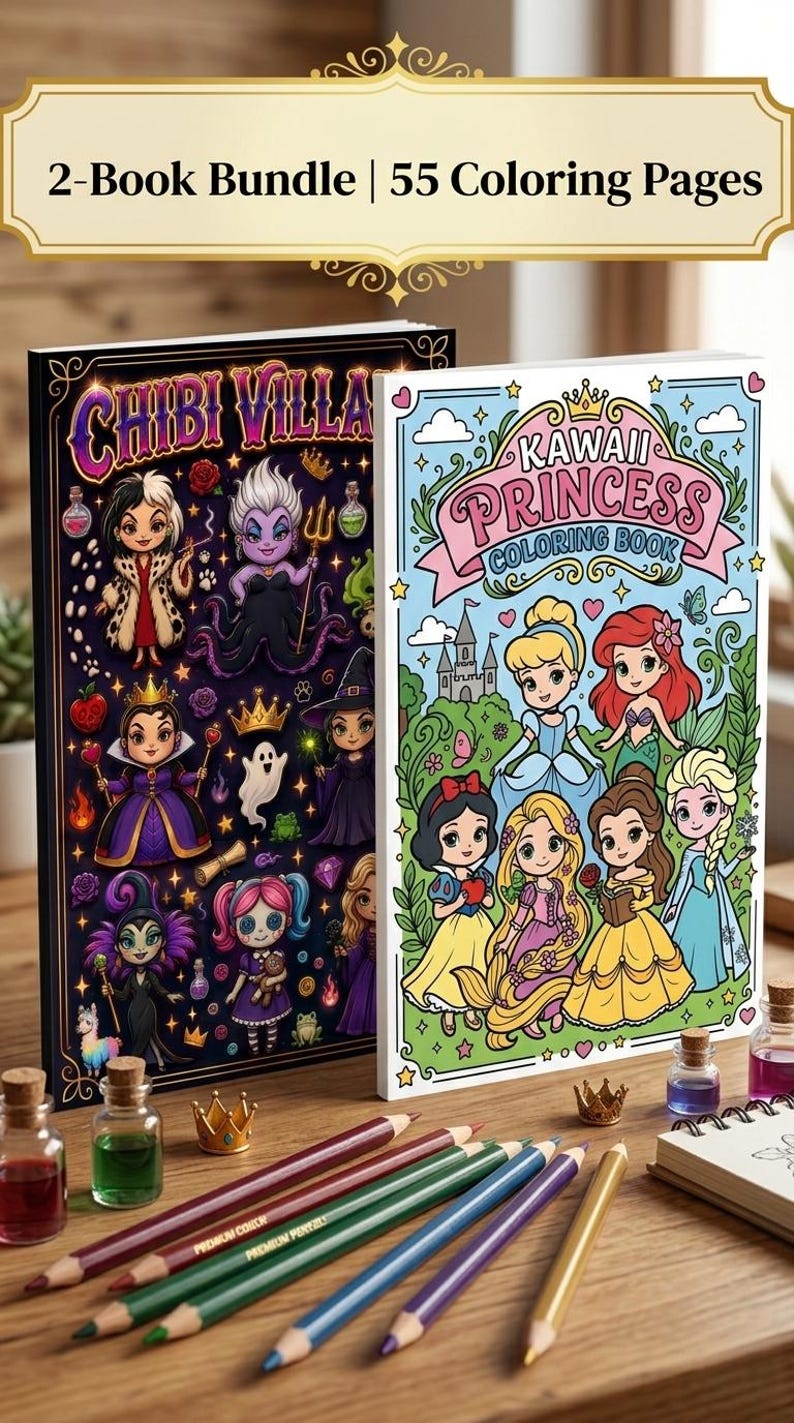 May include: A bundle of two coloring books with the titles "Chibi Villa" and "Kawaii Princess Coloring Book". The "Chibi Villa" book features cartoon villains, while the "Kawaii Princess" book showcases cartoon princesses. Colored pencils and small bottles are also visible.