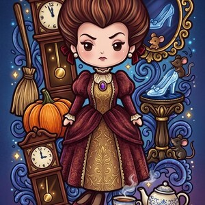 May include: Illustration of a woman in a burgundy dress with gold accents, surrounded by clocks, a pumpkin, and a glass slipper. The image has a fairytale theme with mice and a teapot.