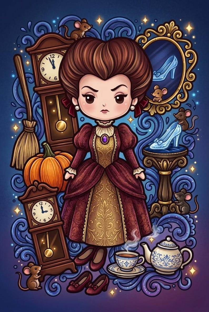 May include: Illustration of a woman in a burgundy dress with gold accents, surrounded by clocks, a pumpkin, and a glass slipper. The image has a fairytale theme with mice and a teapot.
