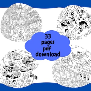May include: Black and white line art illustrations of various scenes, including a cityscape with a train, Powerpuff Girls characters, race cars, and a cartoon action scene. The text "33 pages pdf download" is in a blue cloud shape.