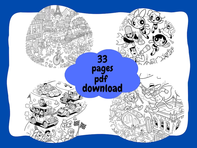 May include: Black and white line art illustrations of various scenes, including a cityscape with a train, Powerpuff Girls characters, race cars, and a cartoon action scene. The text "33 pages pdf download" is in a blue cloud shape.