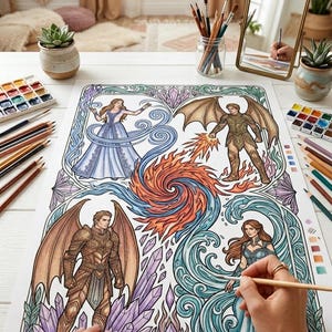 Pode incluir: Uma p&aacute;gina para colorir de arte fant&aacute;stica detalhada, com quatro figuras aladas e elementos como &aacute;gua e fogo. A obra de arte est&aacute; parcialmente colorida com aguarelas e l&aacute;pis de cor. Uma m&atilde;o segura um pincel.
