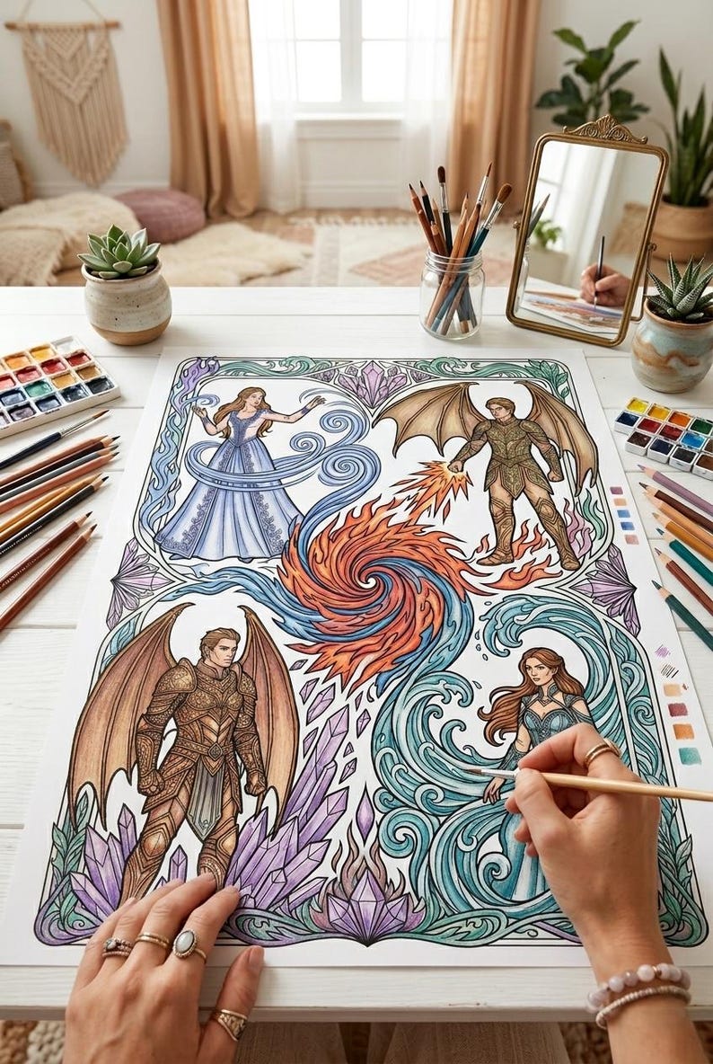 Pode incluir: Uma p&aacute;gina para colorir de arte fant&aacute;stica detalhada, com quatro figuras aladas e elementos como &aacute;gua e fogo. A obra de arte est&aacute; parcialmente colorida com aguarelas e l&aacute;pis de cor. Uma m&atilde;o segura um pincel.