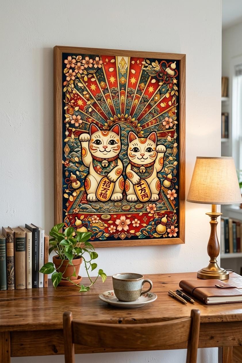 Lucky Cat Poster | Japanese Maneki Neko Fortune Wall Art - Etsy