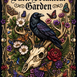 May include: A coloring book cover titled Dark Botanical Garden A Gothic Coloring Book featuring a black raven perched on a deer skull surrounded by colorful flowers, green leaves, butterflies, and a decorative border with skulls and bones.