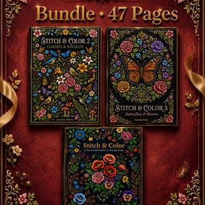 Embroidery Style Coloring Books Bundle | Dark Floral Garden Butterfly PDF 47 Pages
