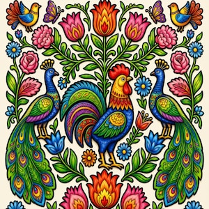 May include: A coloring book cover titled "Polish Folk Art Coloring Book for Adults." The image features a vibrant, colorful illustration of a rooster and two peacocks surrounded by flowers and foliage in a folk art style.